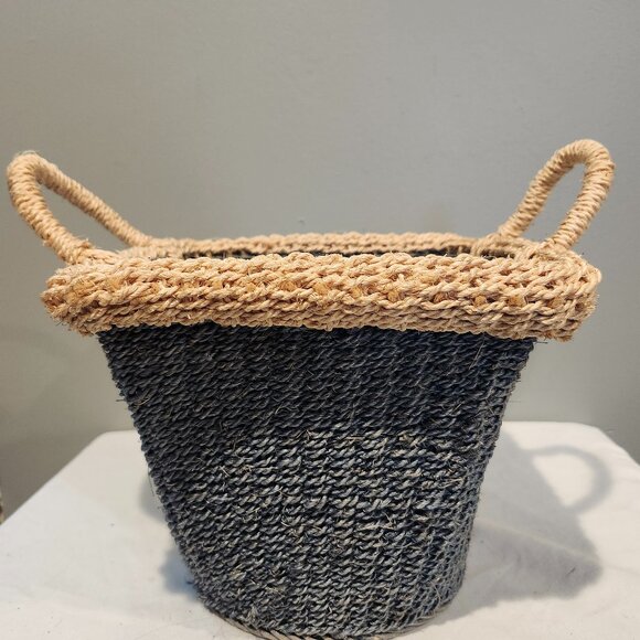 Vintage Rattan Straw Woven Basket  8" Tall 9" Wide Blue/Natural - Picture 1 of 1
